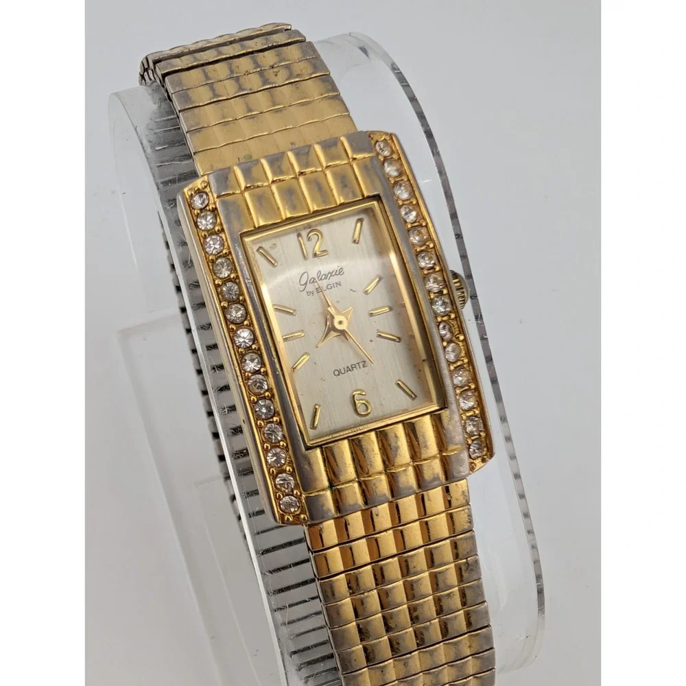 Galaxie by Elgin Women's Tank Watch 19mm Case Gold Stretch Band- New Battery